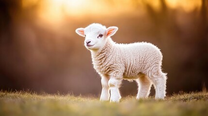 A charming lamb with soft white fur stands in a vibrant grassy field, enjoying the fresh air and serene surroundings on a sunny day