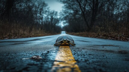 Fototapeta premium A turtle makes its slow journey across a deserted rural road under a gray sky
