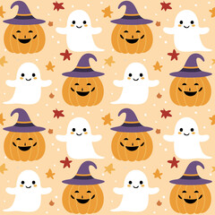 Obraz premium Cute ghosts, pumpkins, and witch hats seamless pattern for Halloween holiday. Halloween background for fabric, wrapping paper, textile, wallpaper and craft.