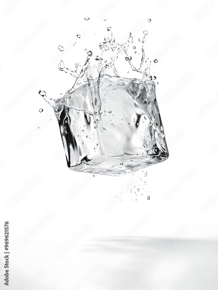 Poster closeup of a splashing ice cube in a transparent glass creating a dynamic and refreshing visual with