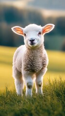 A charming lamb with soft white fur stands in a vibrant grassy field, enjoying the fresh air and serene surroundings on a sunny day