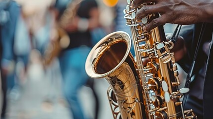 Obraz premium Jazz saxophonist captivates audience with soulful melodies and vibrant performances