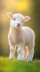 Fototapeta premium A charming lamb with soft white fur stands in a vibrant grassy field, enjoying the fresh air and serene surroundings on a sunny day