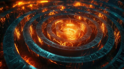 An abstract 3D labyrinth made of glowing magical runes, leading to the hidden core of Kamaha magic, with light trails guiding the way. Enigmatic and intricate
