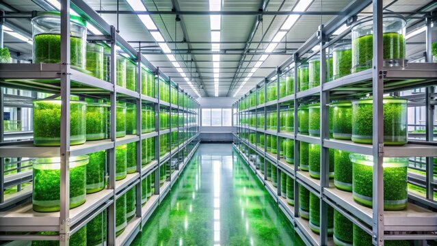 High tech lab with algae farm producing bio fuel, sustainable, energy, algae, farm, lab, high tech
