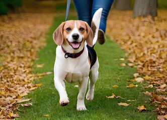 There is a small brown and white dog that is on a leash
