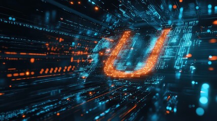 A letter "U" emerging from a pool of abstract digital code, with lines of glowing numbers flowing around it in a high-tech design. Digital and futuristic