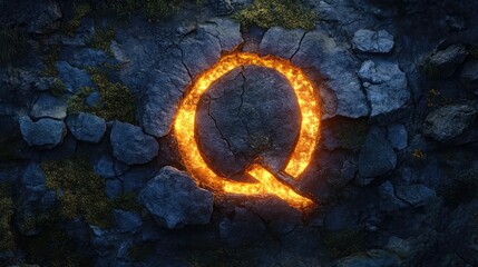 A "Q" abstractly carved into a stone wall, surrounded by cracks and glowing moss, giving it an ancient, mystical appearance. Ancient and mysterious