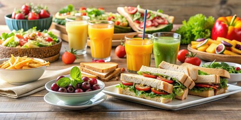 Table set with delicious lunch spread including sandwiches, salads, fruits, and assorted drinks, food, drinks, lunch