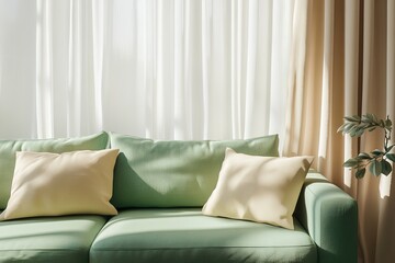 A green sofa with beige cushions positioned near a window adorned with beige curtains, reflecting a minimalist design in a modern living room.