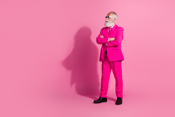 Full length photo of serious old cool man gentleman boyfriend empty space confident wear sunglass pink suit isolated pastel background