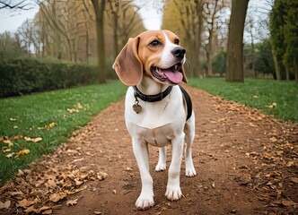 There is a small brown and white dog that is on a leash