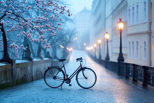 Lonely Bicycle on a Misty Street: A solitary bicycle leans against a cobblestone street bathed in the ethereal glow of streetlamps, with a hazy backdrop of a flowering tree  