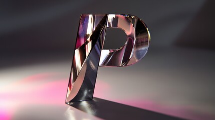 The letter "P" abstractly designed from ribbons of metal, with different sections reflecting light in various directions, giving it an industrial feel. Metallic and sleek