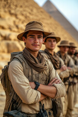 Fototapeta premium Archaeologist looking into camera with confidence working at Egyptian pyramids, explorer, civilization investigation