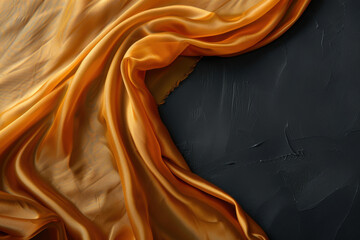 Flowing golden satin fabric with soft folds on textured dark surface