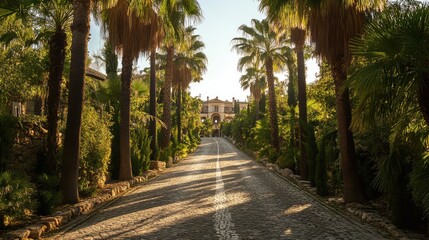 A cobblestone road lined with tall palm trees on both sides, leading to an elegant villa at the end. Gentle light filtering through the palm leaves