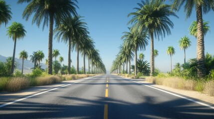 Fototapeta premium A long road with towering palm trees on both sides, leading to the horizon under a clear blue sky. Soft shadows from the trees stretch across the asphalt