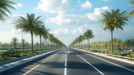 A modern highway bordered by evenly spaced palm trees, the trees swaying in the wind, contrasting with the sleek design of the road and cars