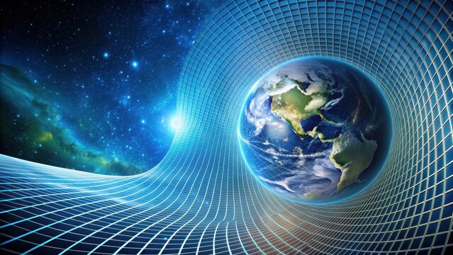 of spacetime curvature around Earth showing gravity waves and relativity, spacetime, curvature, solar system, gravity