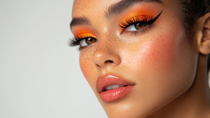 Fototapeta premium Close-up of a Woman's Eye with Orange Eyeshadow and Black Eyeliner.