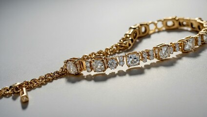 Gold bracelet with diamonds on a white backdrop.