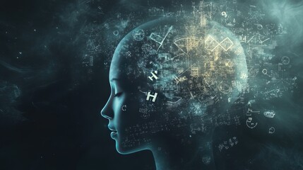 Fototapeta premium Dynamic flow of math symbols, including pi and square roots, emerging from a human head silhouette on a dark background.