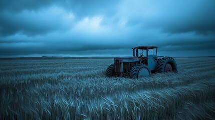 Fototapeta premium A lone tractor rests in a vast field as clouds gather above during twilight hours