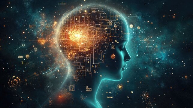 Dynamic flow of math symbols, including pi and square roots, emerging from a human head silhouette on a dark background.