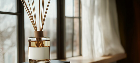Fototapeta premium A reed diffuser bottle with a blank white label on the glass in a cozy modern home interior, near a window