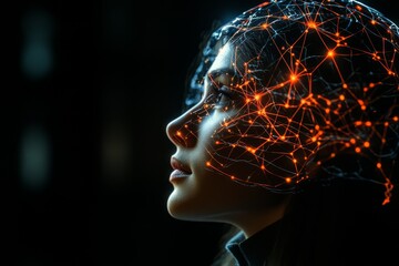 Neural computation neural activation brain pattern and brain mapping woman with glowing neural sparks symbolizing introspection and emotional reflection