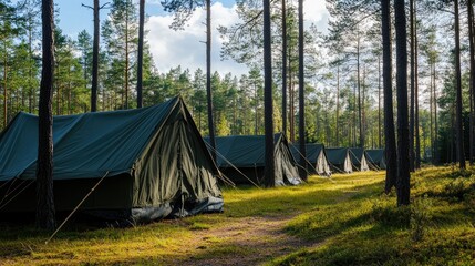 Gray military tents in a sunny pine forest, with bright green grass and blue skies overhead, signaling a calm spring morning.