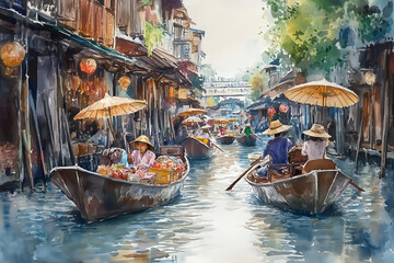 Obraz premium Watercolor paintings of Thai merchants Rowing a boat to sell products at the floating market