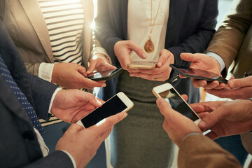 Business people, hands and phone with network for data sync, sharing or communication at office....