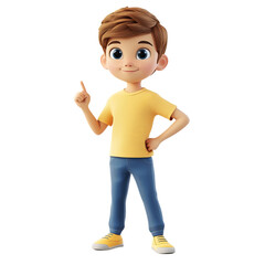 Fototapeta premium A cheerful cartoon boy with a friendly pose, wearing a yellow shirt and blue jeans, perfect for children's illustrations.