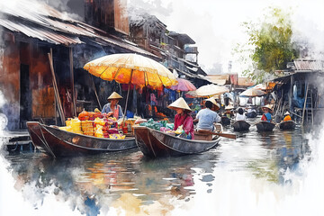 Obraz premium Watercolor paintings of Thai merchants Rowing a boat to sell products at the floating market