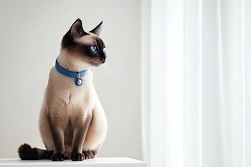 A siamese cat wearing a blue collar is sitting on a white surface. The cat has a calm and relaxed demeanor, and its blue collar adds a touch of color to the scene