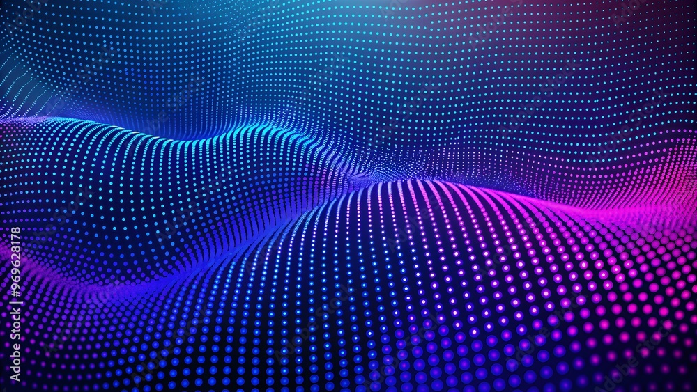 Poster Particle stream. Purple background with many glowing particles. Technology background. 3d rendering. Abstract wave background with many glowing particles. Musical wave. Digital network background