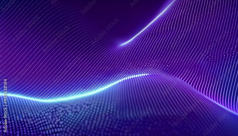 Poster Particle stream. Purple background with many glowing particles. Technology background. 3d rendering. Abstract wave background with many glowing particles. Musical wave. Digital network background