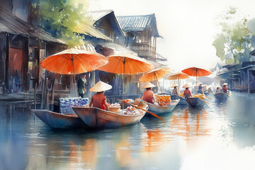 Obraz premium Watercolor paintings of Thai merchants Rowing a boat to sell products at the floating market