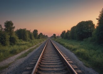 A beautiful train is traveling down its train tracks as the sun sets