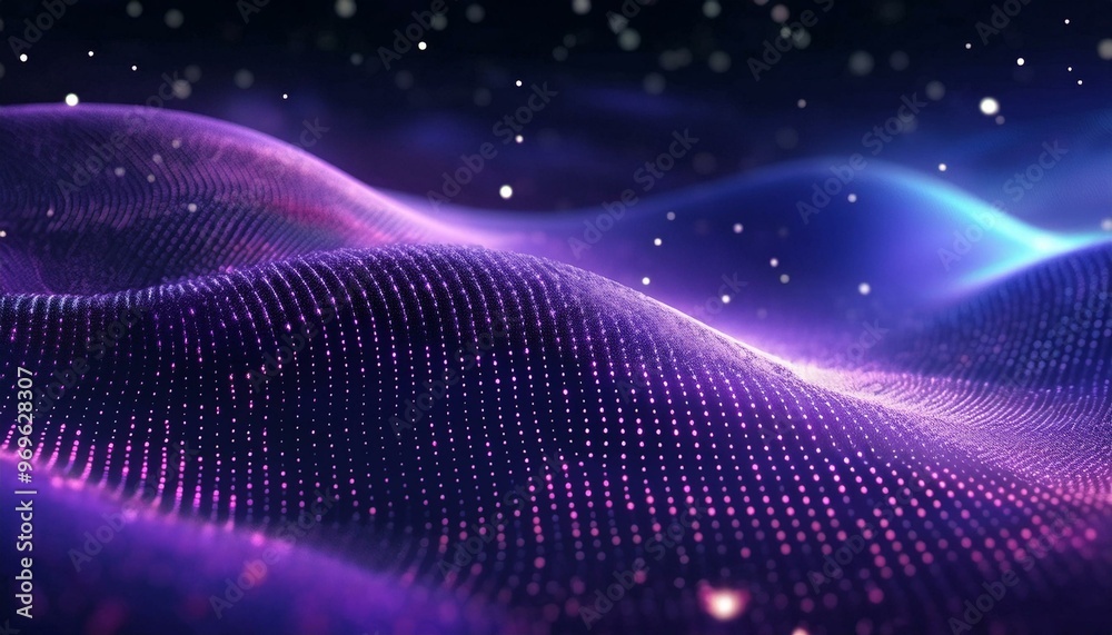 Poster Particle stream. Purple background with many glowing particles. Technology background. 3d rendering. Abstract wave background with many glowing particles. Musical wave. Digital network background