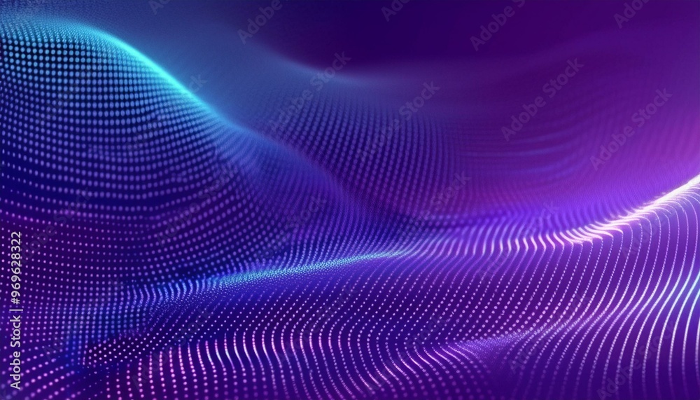 Poster Particle stream. Purple background with many glowing particles. Technology background. 3d rendering. Abstract wave background with many glowing particles. Musical wave. Digital network background