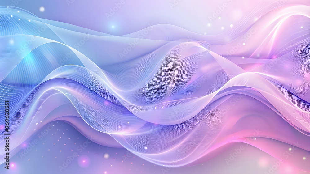 Poster Particle stream. Purple background with many glowing particles. Technology background. 3d rendering. Abstract wave background with many glowing particles. Musical wave. Digital network background
