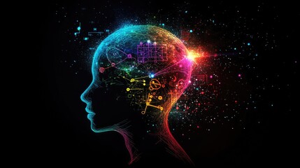 Human head silhouette with colorful, glowing mathematical symbols and equations radiating outward, symbolizing learning.