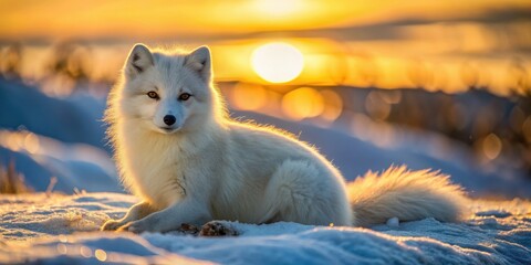 Fototapeta premium Arctic fox gracefully basking in the warm rays of the setting sun , Arctic, fox, sunset, wildlife, nature, animal, beautiful, majestic