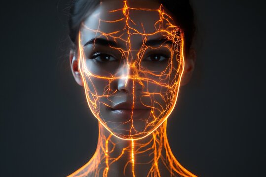 Neuralwave etherpath incandescence biosignal and supernova female portrait glowing with intricate orange neon lines showing energy and futuristic body mapping