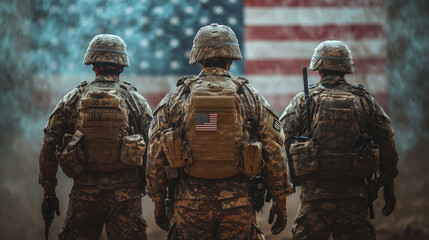 Obraz premium Three soldiers stand in formation, facing an American flag.