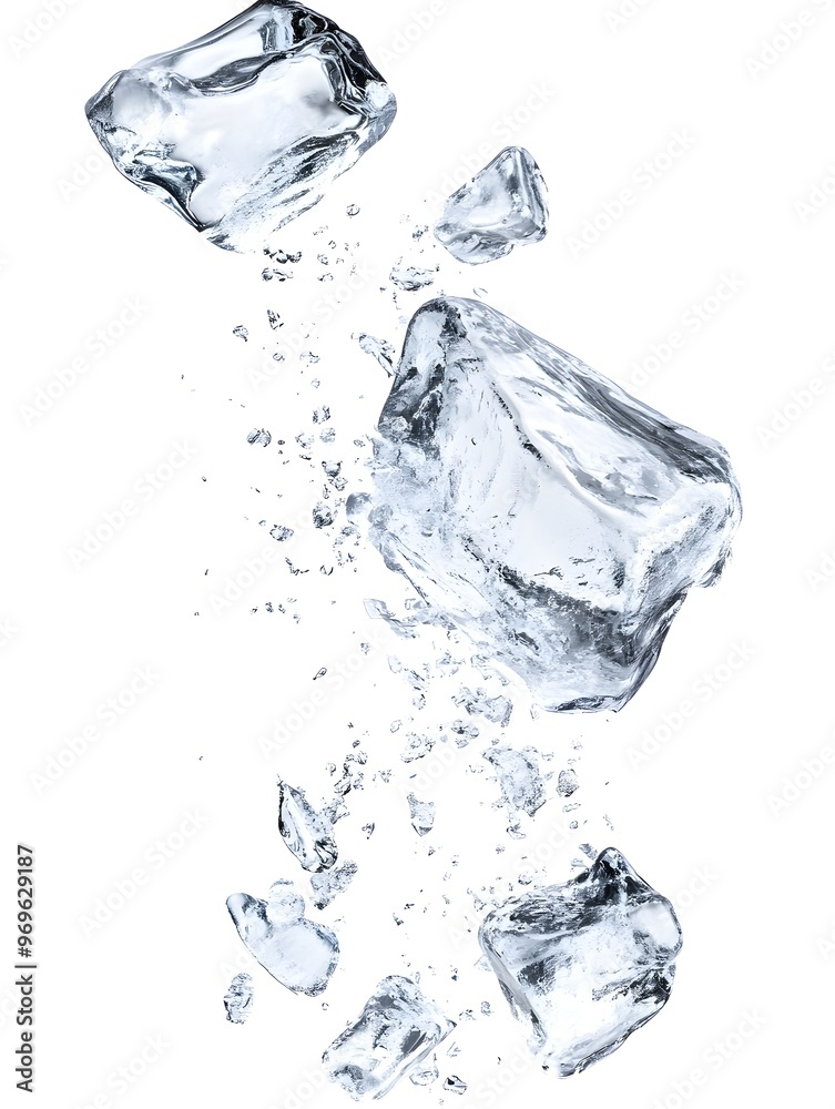 Poster crashing transparent icy crystals frozen solid with splashing water creating an abstract geometric w