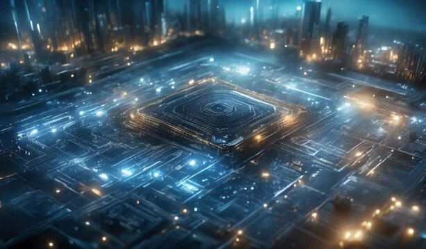 Digital Cityscape with Glowing CPU Processor